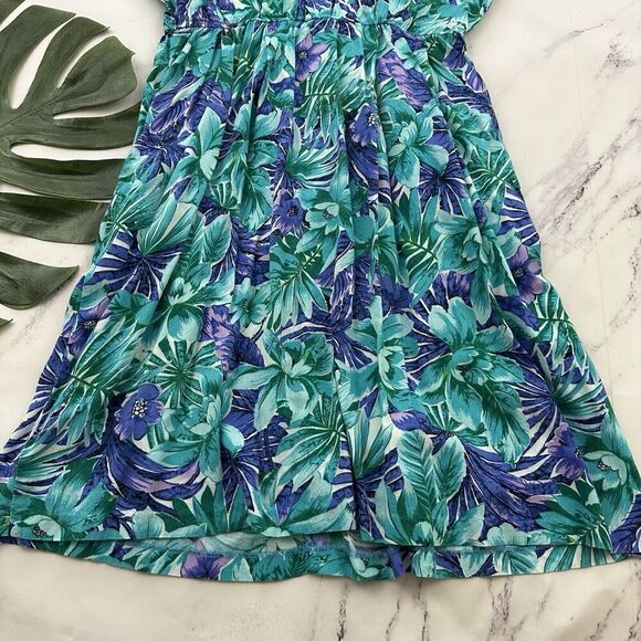 Luci Fellini Womens Vintage 80s Shirt Dress Size M Blue Green Tropical Pockets - Picture 4 of 11